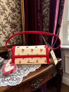NWT Madden Girl Cherry Embroidered Canvas Shoulder Bag with Charms